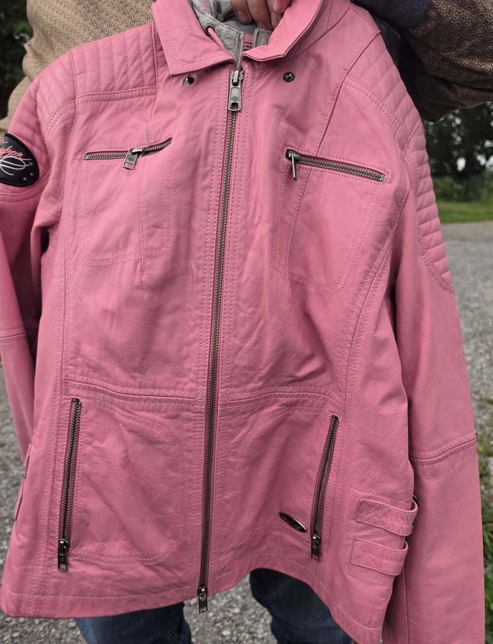 Harley-Davidson Pink Genuine Goatskin Leather Moto Biker Jacket with Hoodie